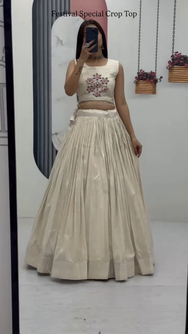 Off-White Embroidered Crop Top with Pleated Silk Lehenga ? Festival Special