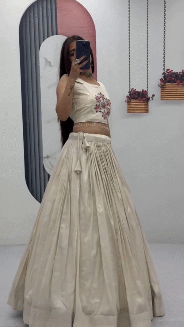 Off-White Embroidered Crop Top with Pleated Silk Lehenga ? Festival Special - Image 4