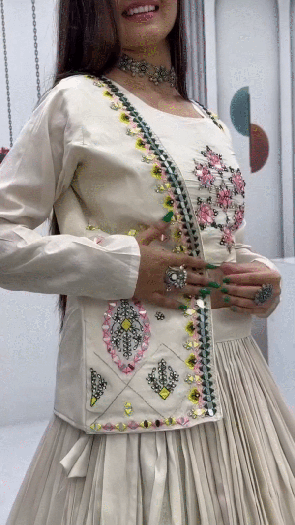 Off-White Embroidered Crop Top with Pleated Silk Lehenga ? Festival Special - Image 5