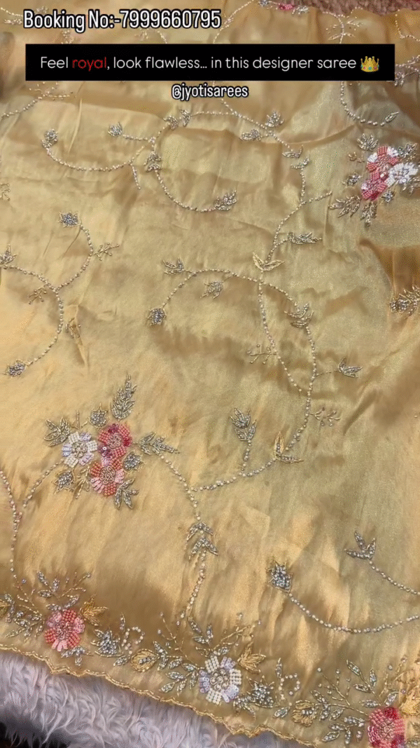 Ivory Pearl Floral Embroidered Designer Saree - Image 6