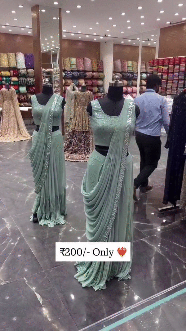 Designer Saree Style Gown with Sequin Blouse ? Mint Green - Image 2