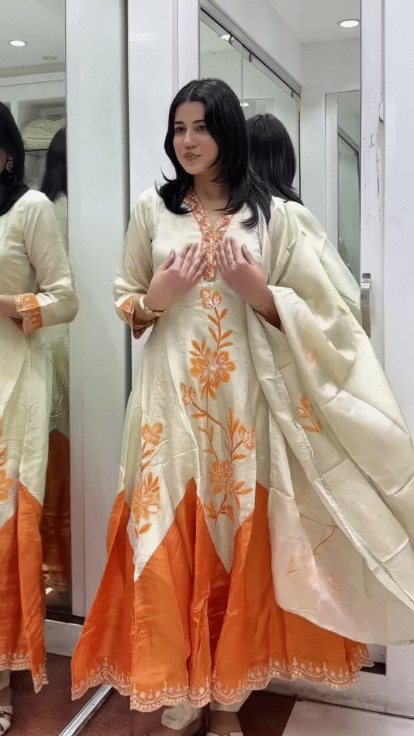 Ivory & Orange Flared Kurta Set with Floral Embroidery and Dupatta - Image 7