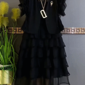 Black Ruffle Layered Midi Dress with Shrug & Statement Chain