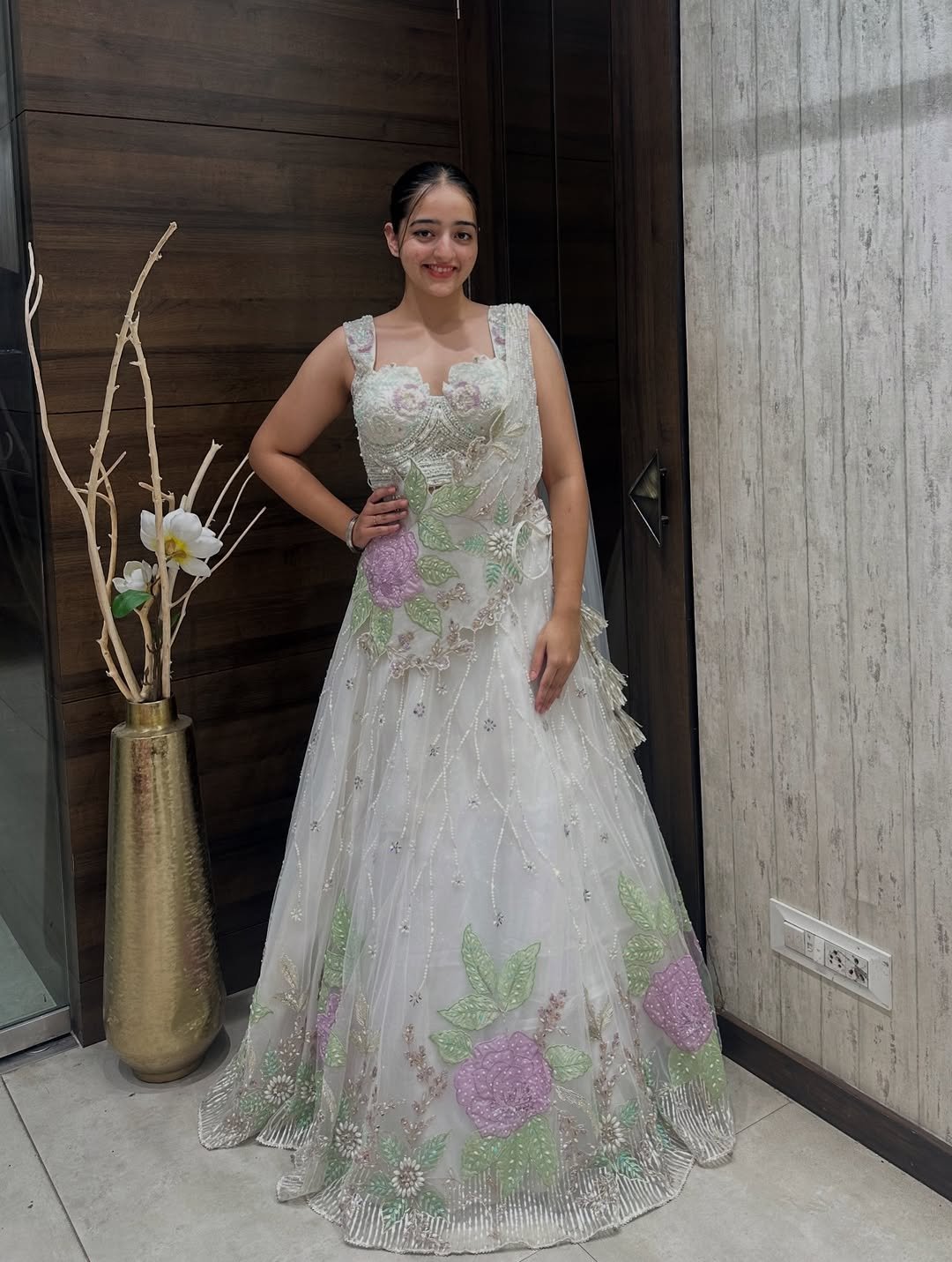 White Embroidered Net Gown with Pastel Floral Work