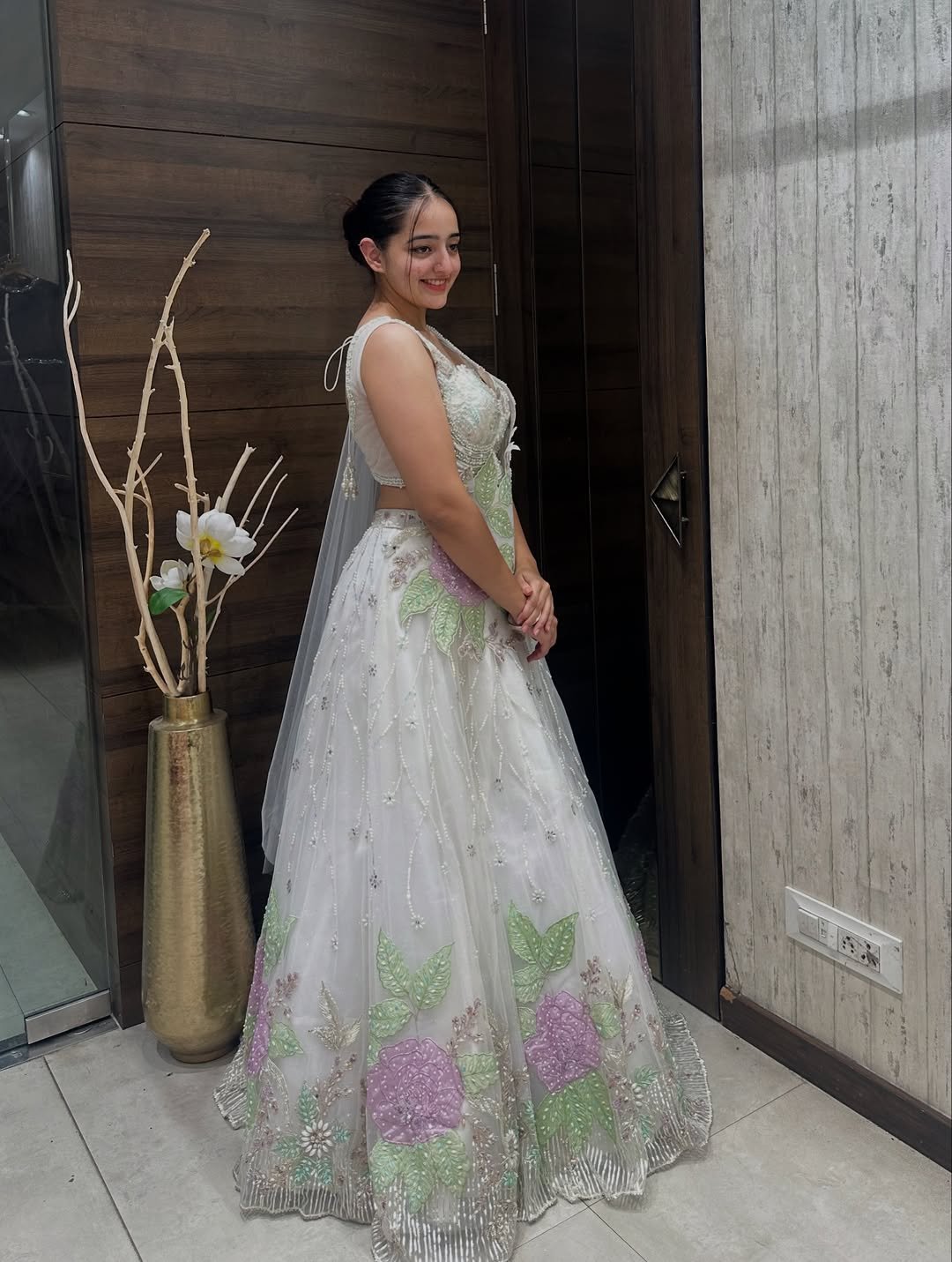 White Embroidered Net Gown with Pastel Floral Work - Image 2