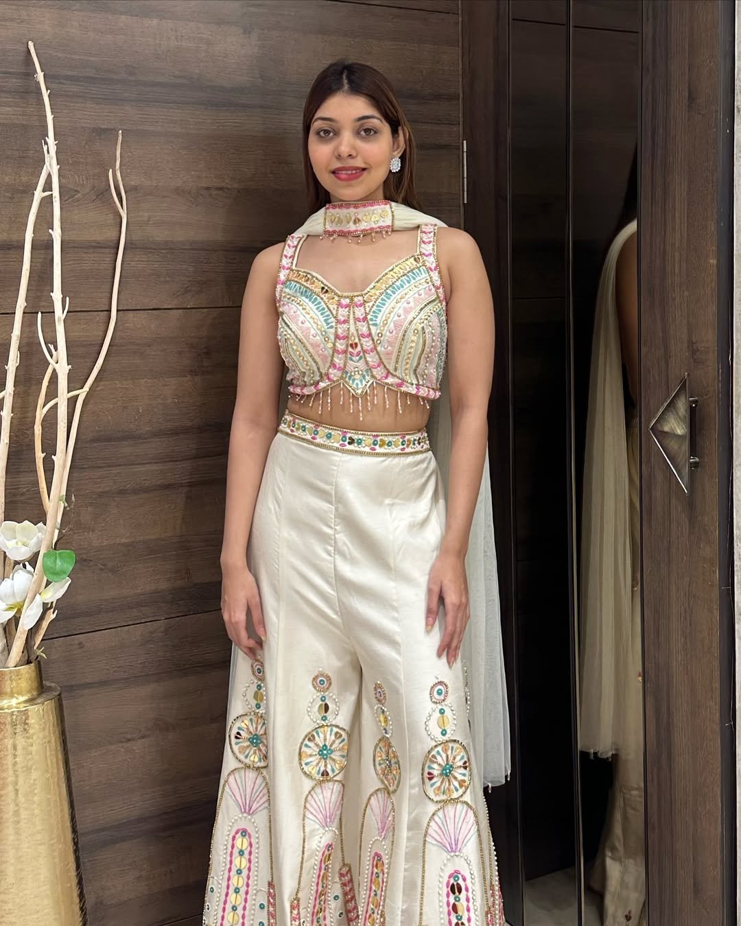 Ivory Embroidered Bustier & Sharara Set with Mirror and Pearl Detailing - Image 2