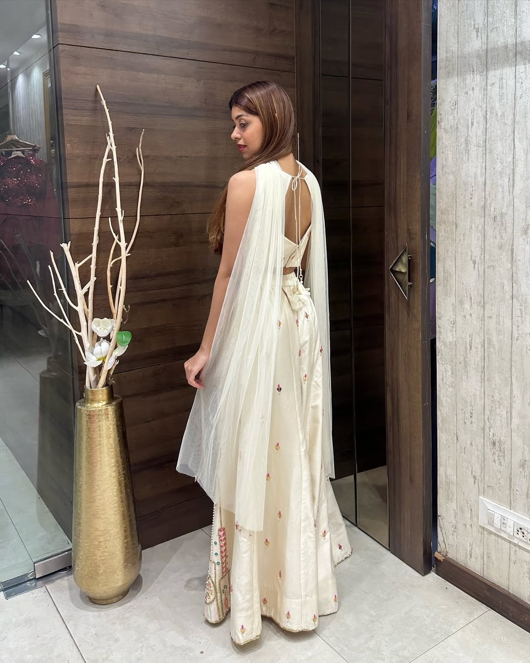 Ivory Embroidered Bustier & Sharara Set with Mirror and Pearl Detailing - Image 3