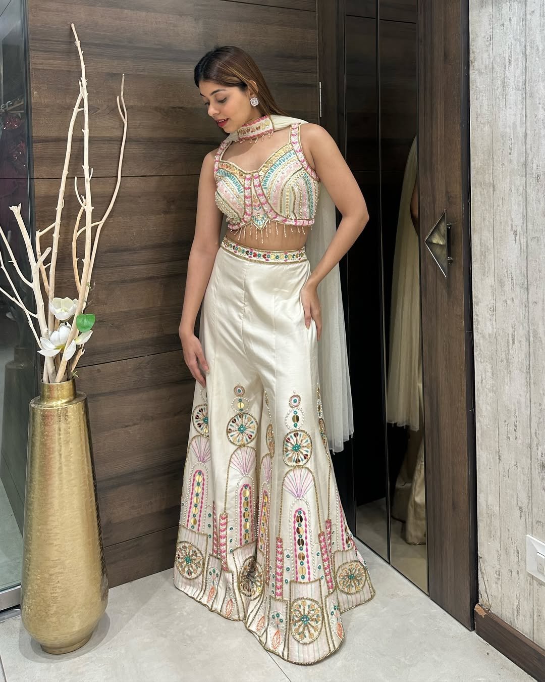 Ivory Embroidered Bustier & Sharara Set with Mirror and Pearl Detailing