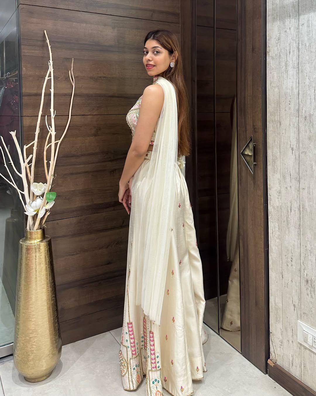 Ivory Embroidered Bustier & Sharara Set with Mirror and Pearl Detailing - Image 4