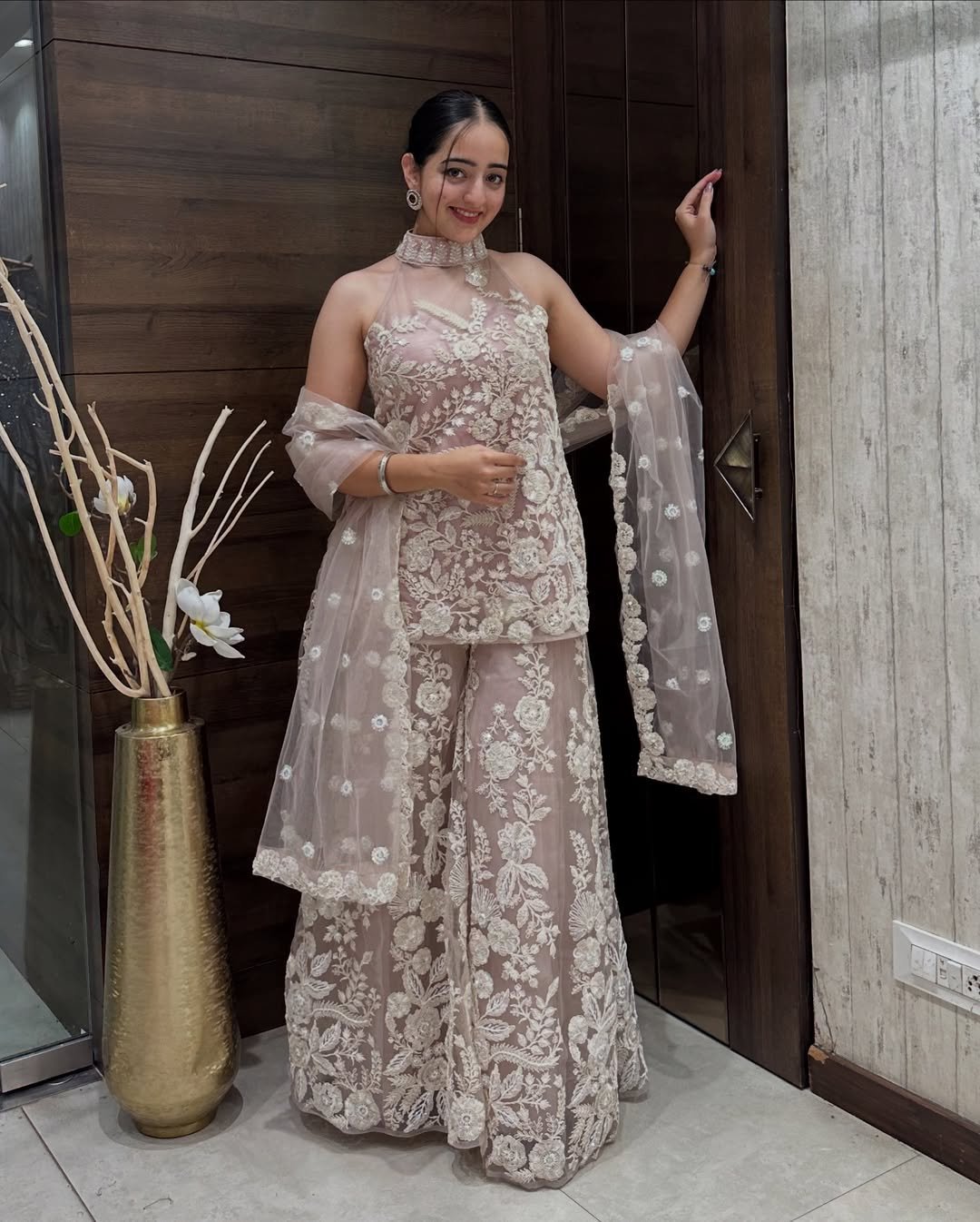 Embroidered Net Halter Kurti with Sharara & Dupatta Set - Image 2