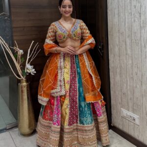 Multi-Panel Mirror Embroidered Lehenga Choli Set with Orange Net Dupatta