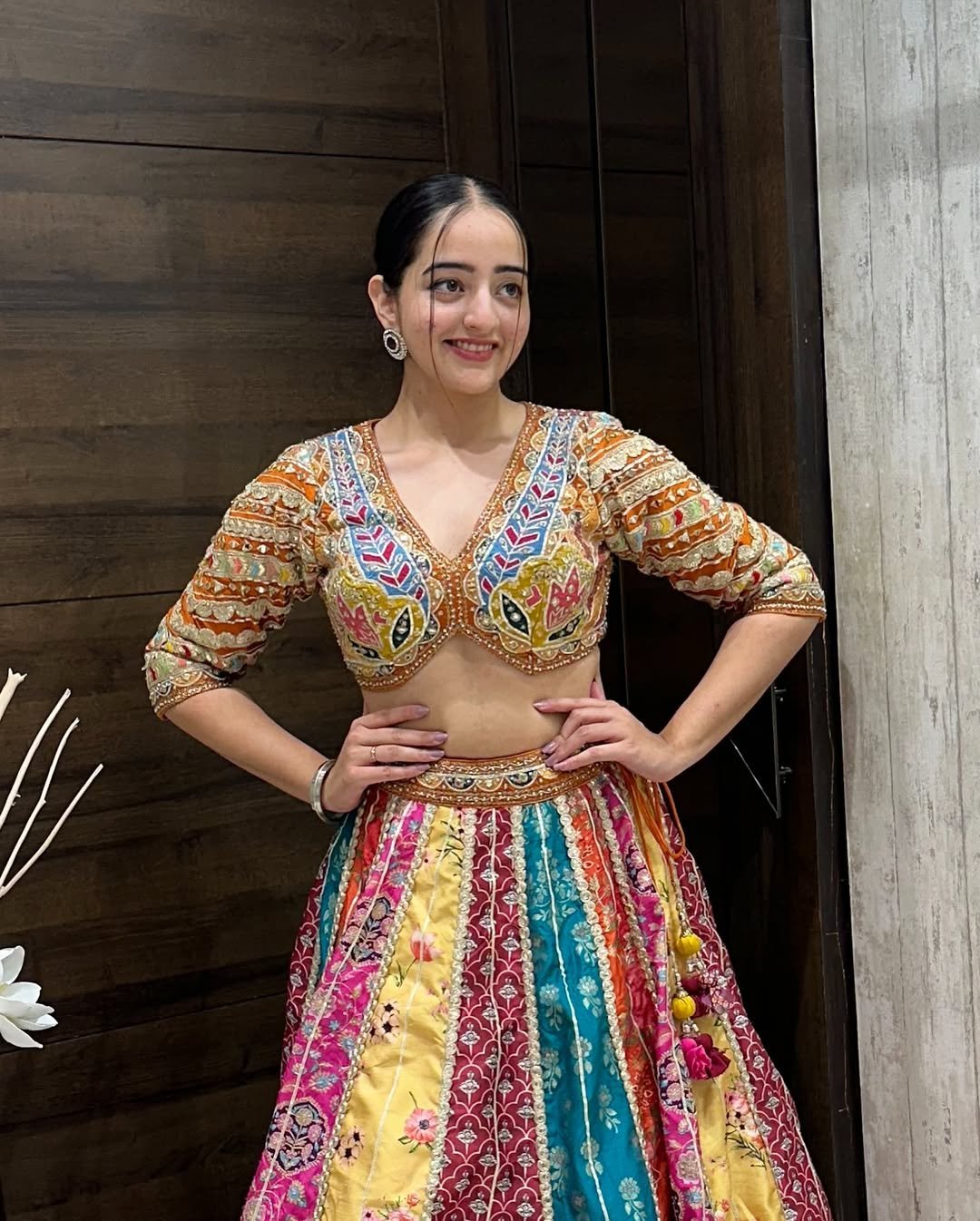 Multi-Panel Mirror Embroidered Lehenga Choli Set with Orange Net Dupatta - Image 3