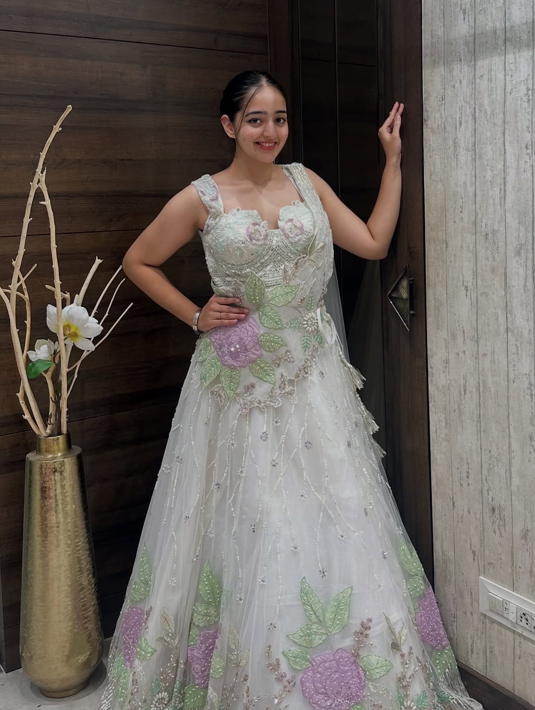 White Embroidered Net Gown with Pastel Floral Work - Image 3