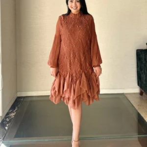 Rust Pleated Layered Short Dress with Embroidered Detailing