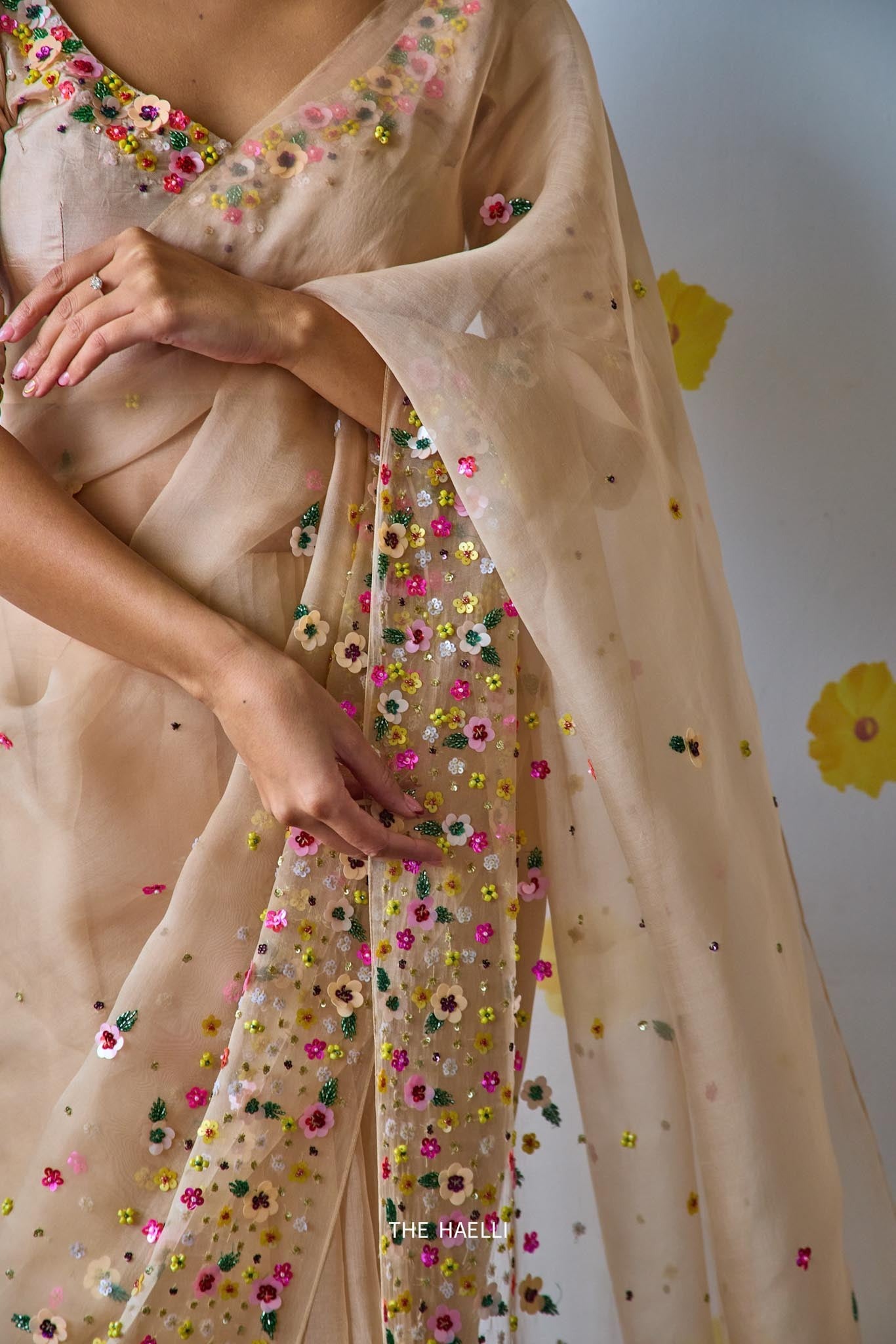 Lily Beige Organza Saree - Image 2