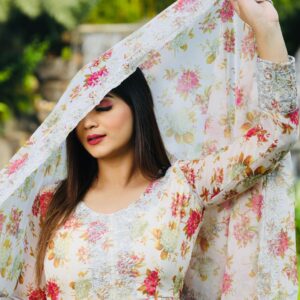 White Color Embroidery With Printed Palazzo Suit