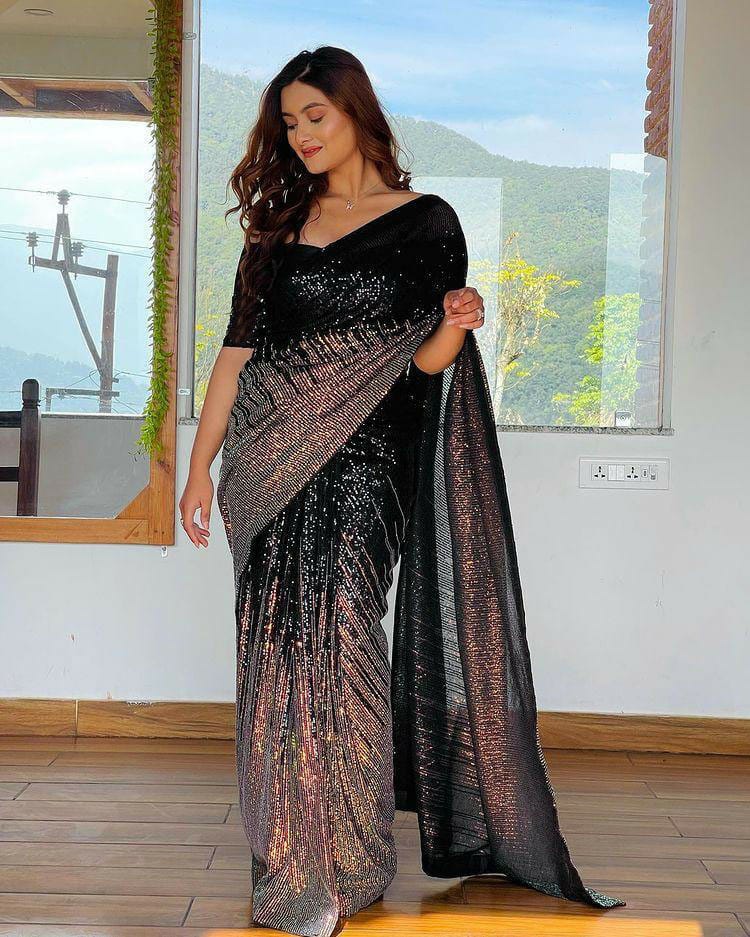Black Color Sequence Embroidery Work Classy Saree - Image 3