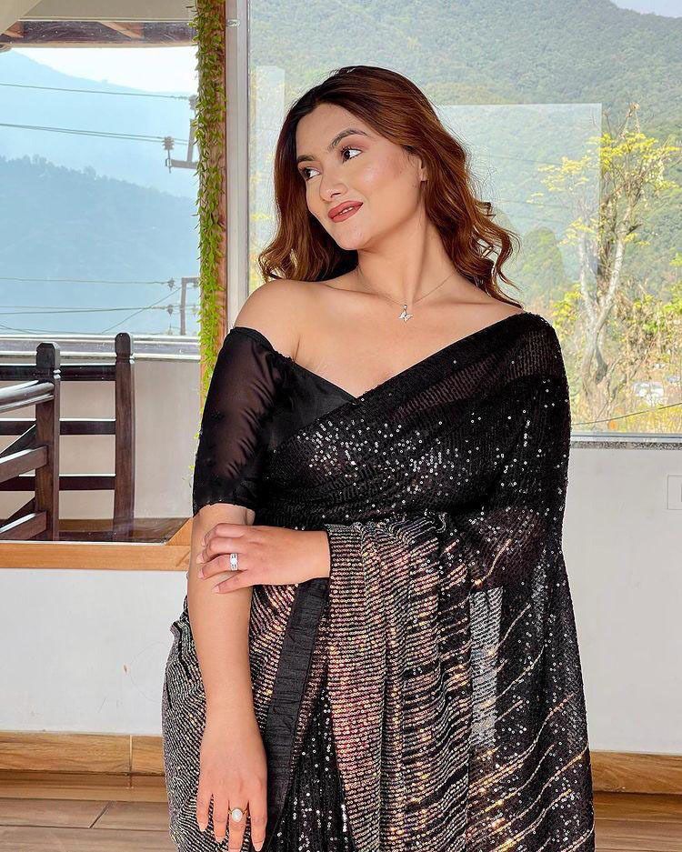 Black Color Sequence Embroidery Work Classy Saree