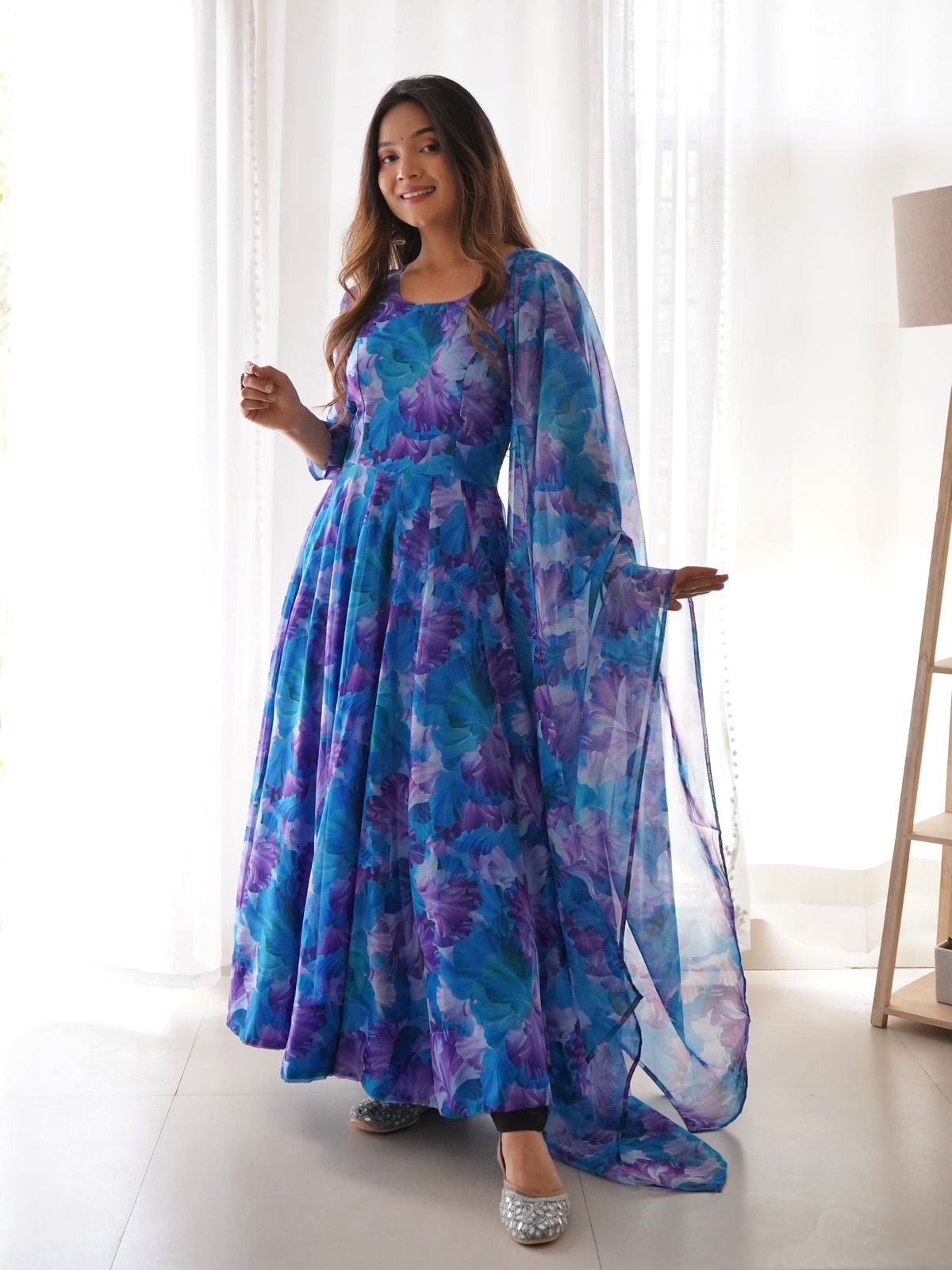 Sky Blue Color Flower Printed Classy Gown - Image 2