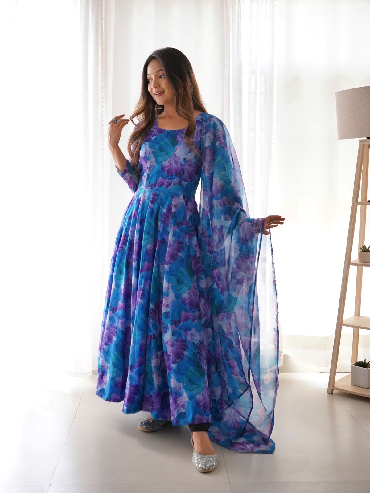 Sky Blue Color Flower Printed Classy Gown - Image 3