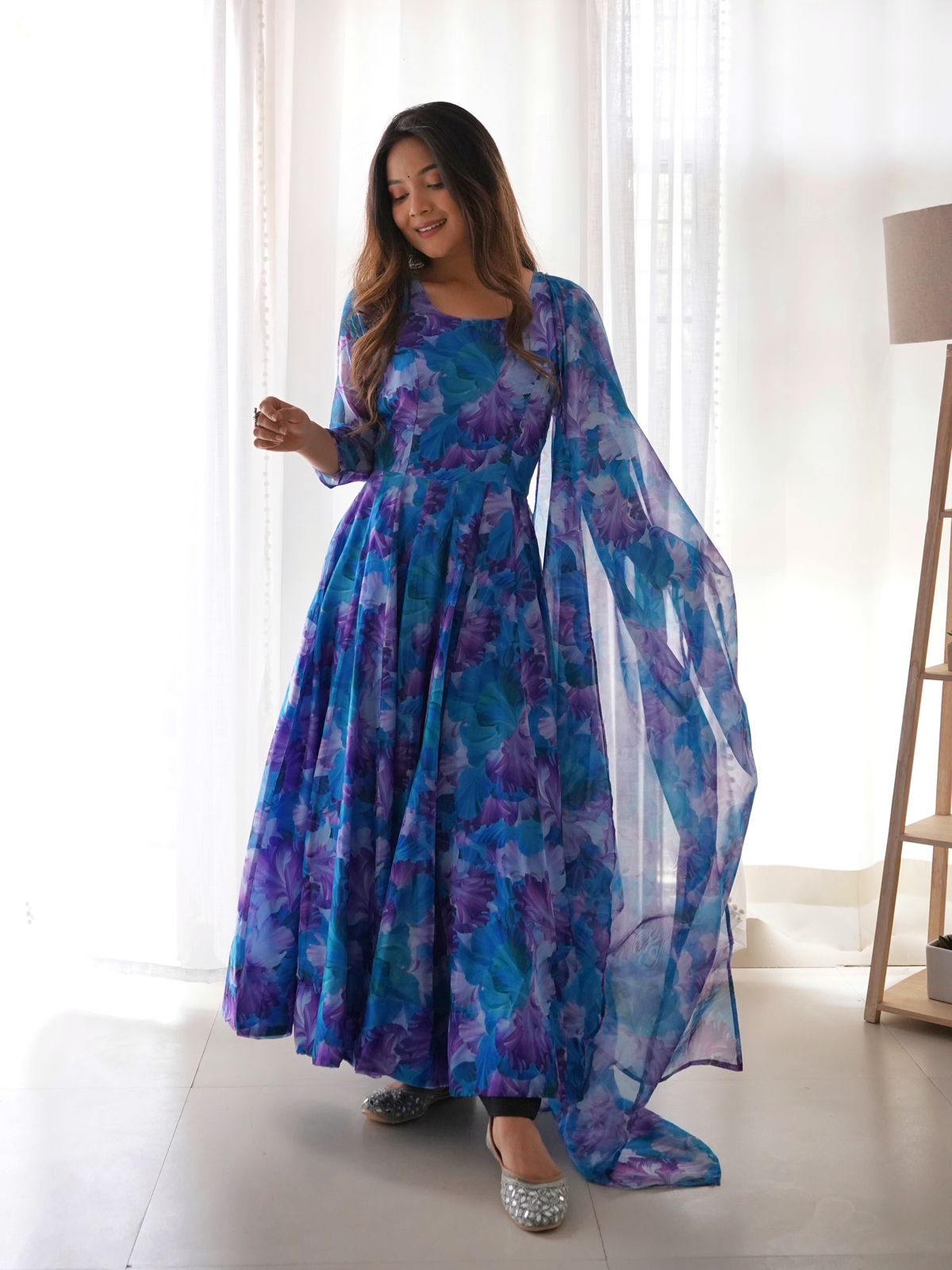 Sky Blue Color Flower Printed Classy Gown - Image 4