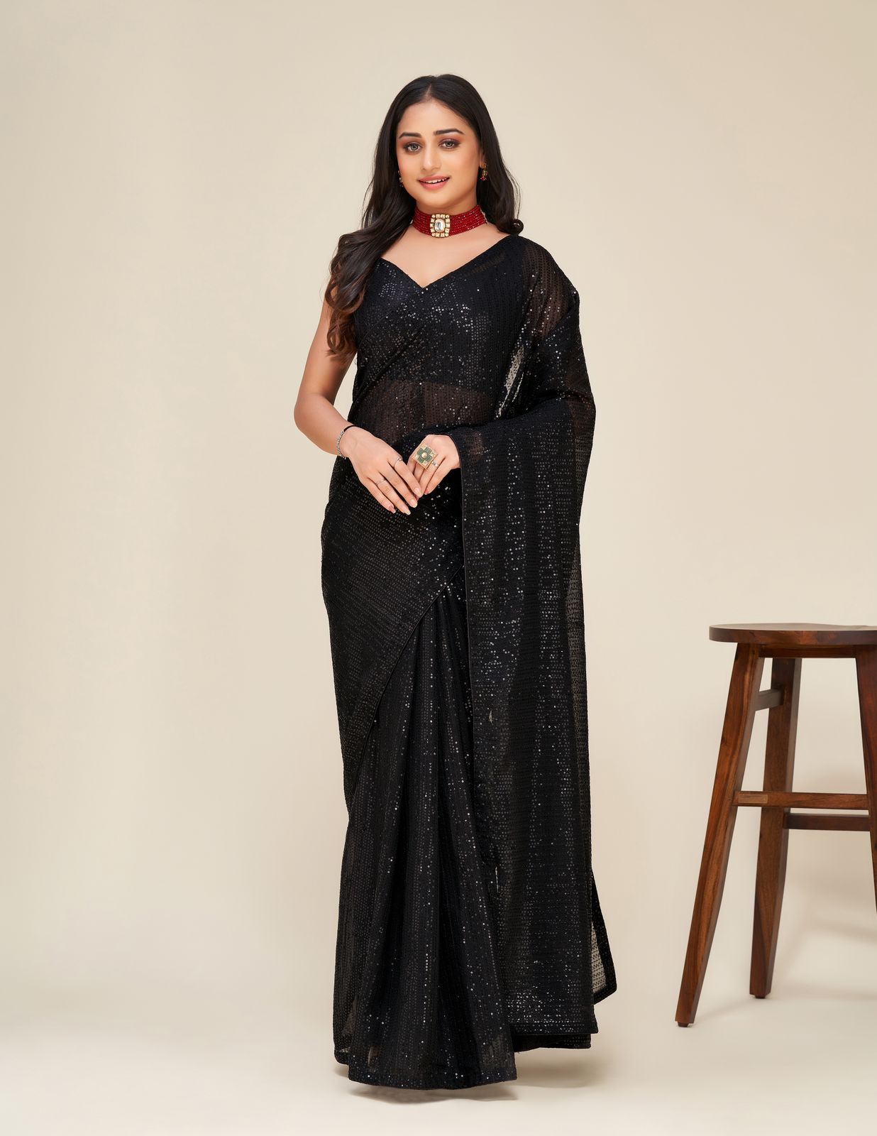 Black Color Beautiful Sequence Work Saree - Image 3