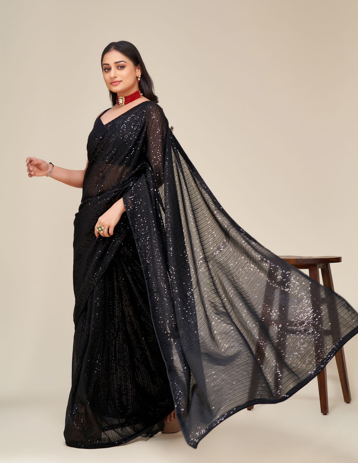 Black Color Beautiful Sequence Work Saree - Image 4