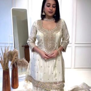 White Color Embroidery With Sequence Work Sharara Suit