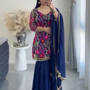 Blue Color Embroidery Work Sharara Suit