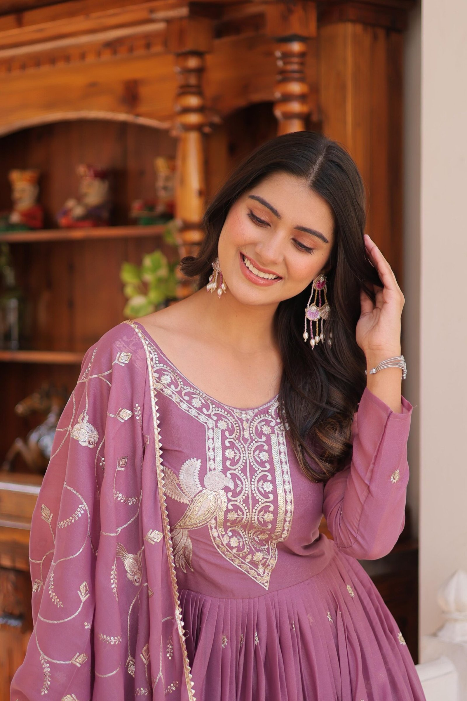 Georgette Lavender Color Embroidered Gown - Image 5