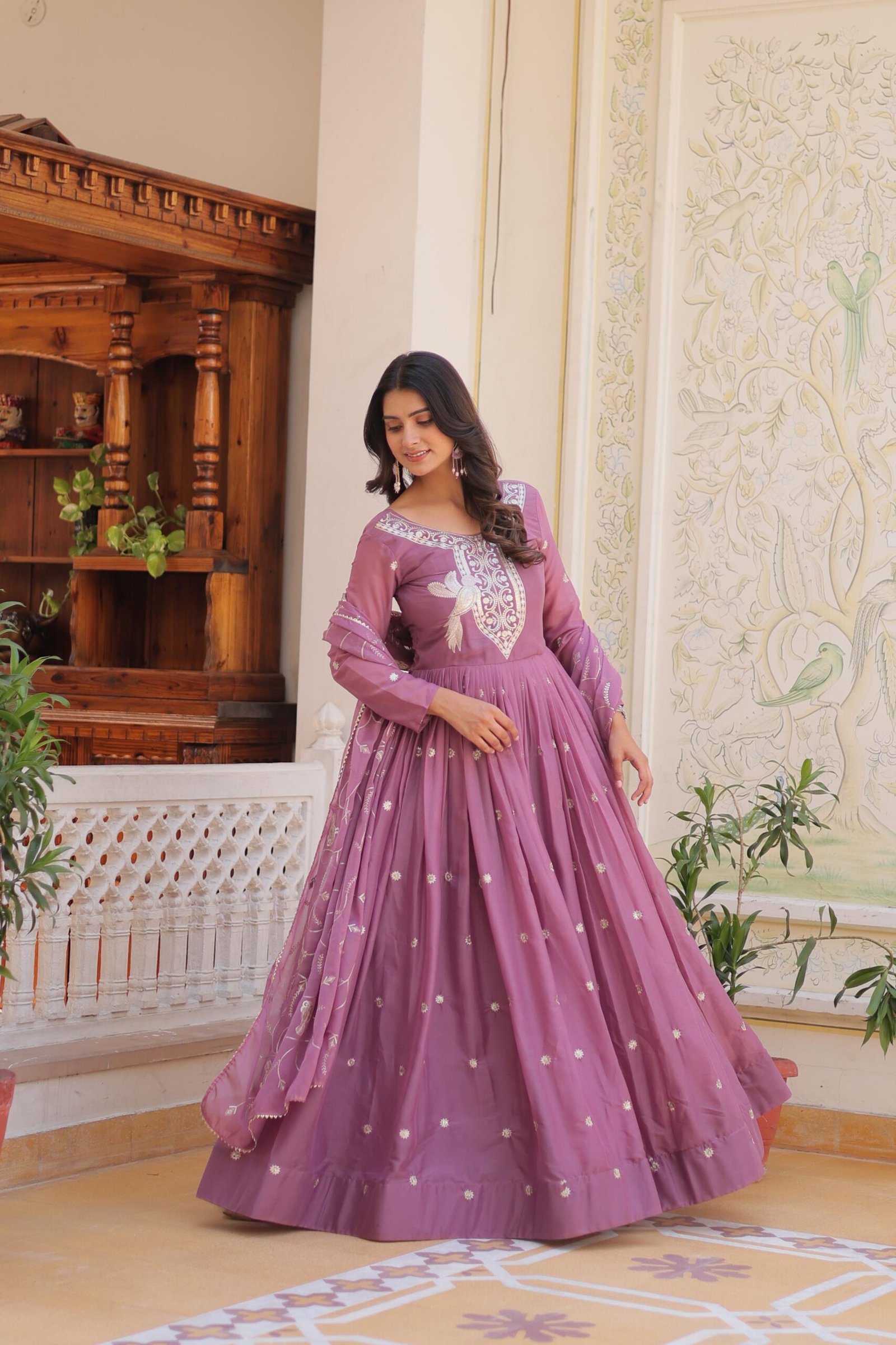Georgette Lavender Color Embroidered Gown - Image 3