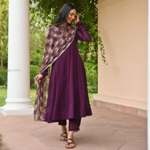 Wine Color Fox Georgette Gown With Dupatta