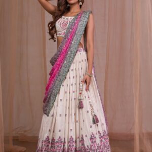 Cream Threadwork Semi Crepe Readymade Lehenga