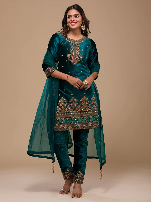 Peacock Blue Zariwork Velvet Readymade Salwar Suit - Regal Elegance - Image 2