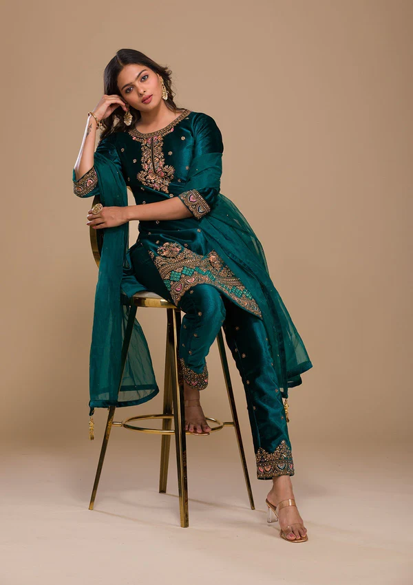 Peacock Blue Zariwork Velvet Readymade Salwar Suit - Regal Elegance