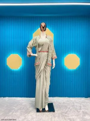 Stylum Women's Jacket & Belted Ready To Wear Chiffon Satin Saree - Image 3