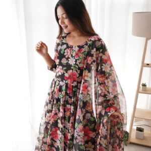 Black Color Beautiful Digital Printed Designer Gown