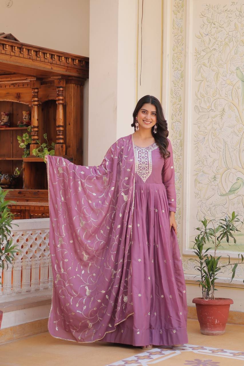 Georgette Lavender Color Embroidered Gown - Image 2
