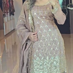 Beige Color Embroidery Work Sharara Suit