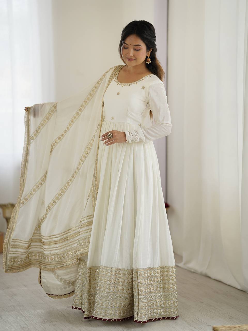 White Color Thread Work Gown