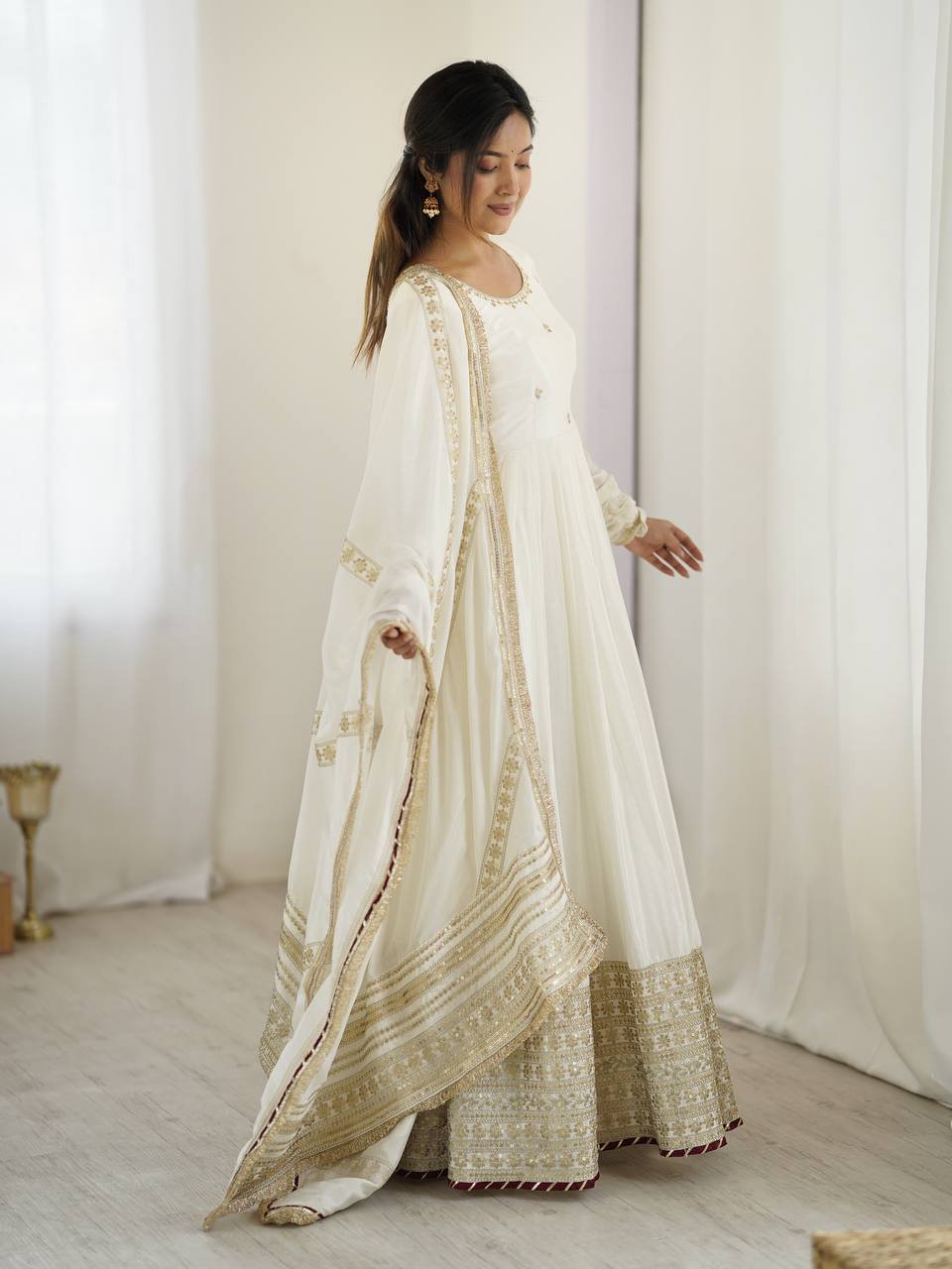 White Color Thread Work Gown - Image 2
