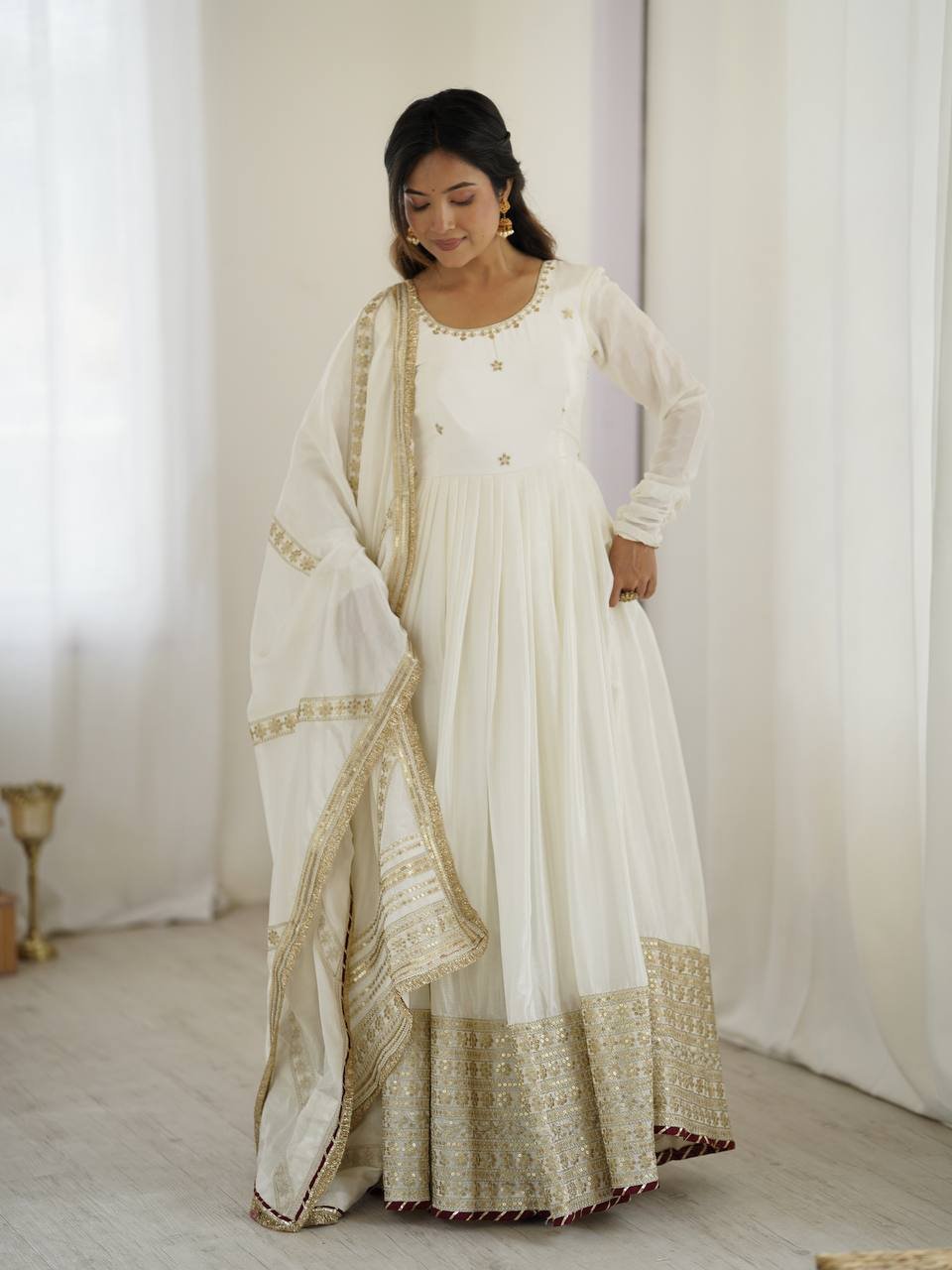 White Color Thread Work Gown - Image 3