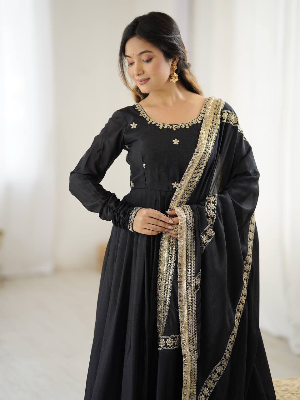 Chinon Silk Black Long Gown