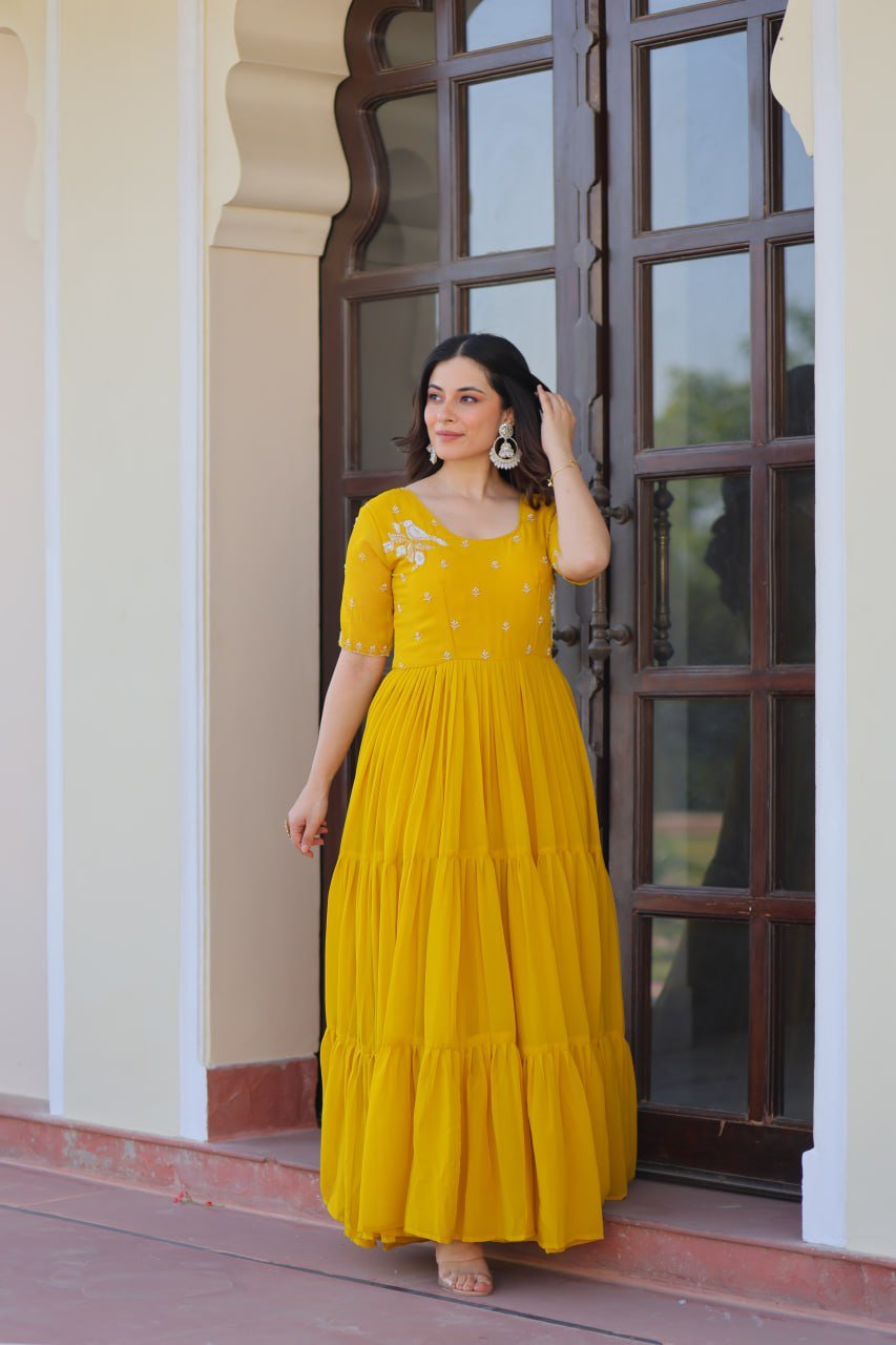 Beautiful Embroidery Work Yellow Gown - Image 3