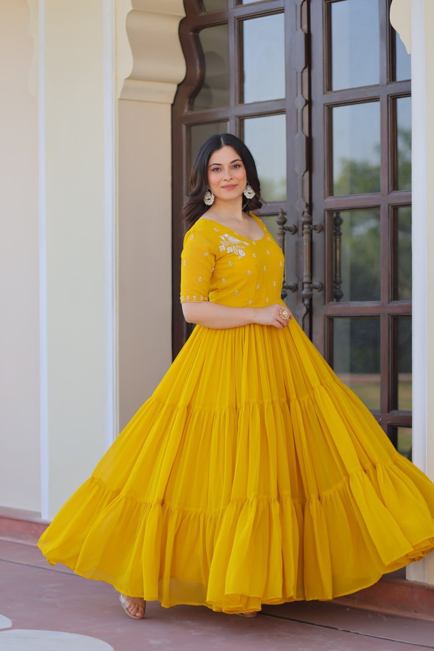 Beautiful Embroidery Work Yellow Gown - Image 2