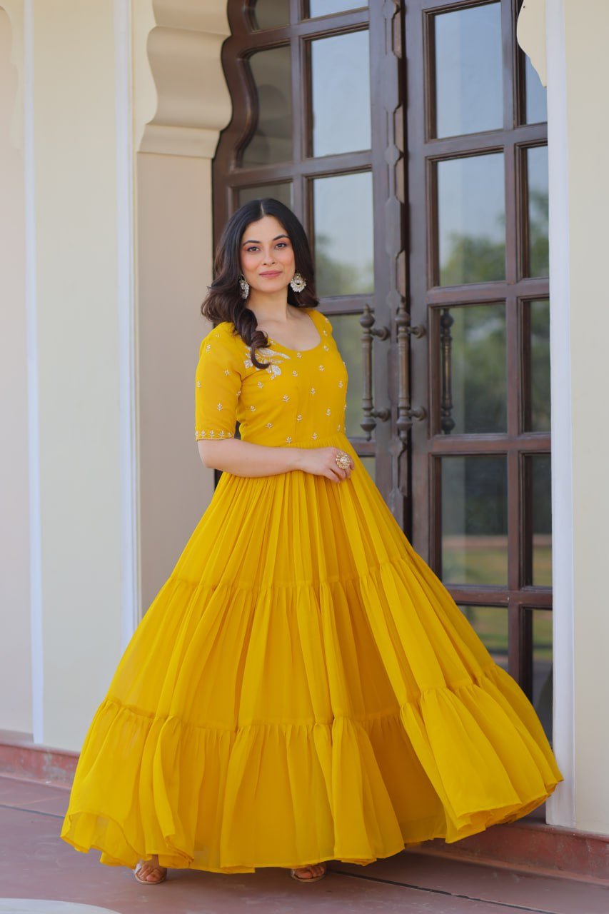 Beautiful Embroidery Work Yellow Gown