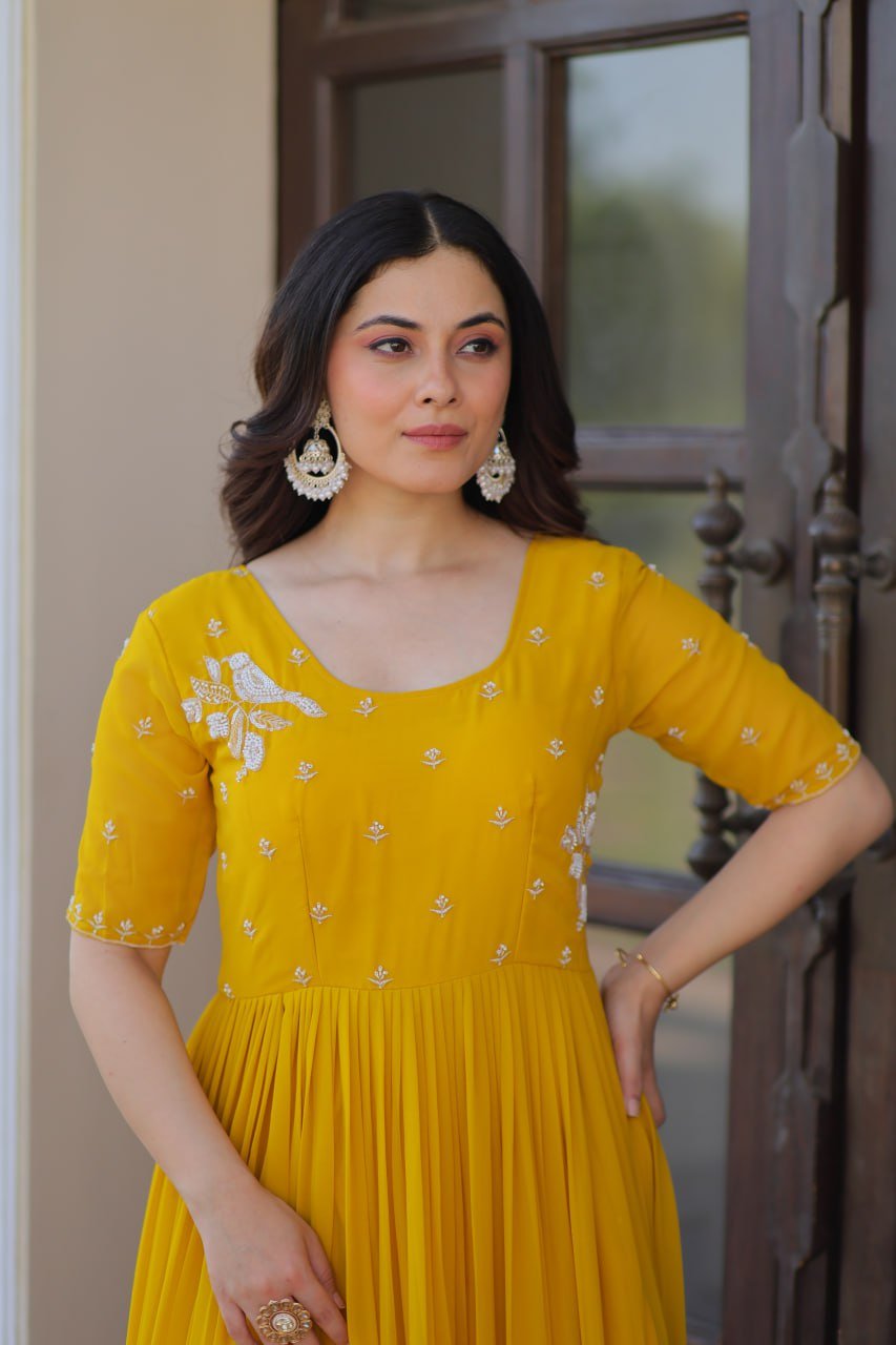 Beautiful Embroidery Work Yellow Gown - Image 4