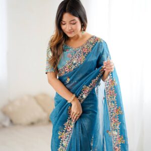 Sky Blue Color Thread Embroidered Silk Saree
