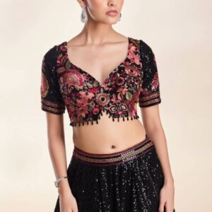 Black Color Faux Georgette Flared Lehenga Choli