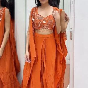 Burnt Orange Embroidered Crop Top with Draped Palazzo Set
